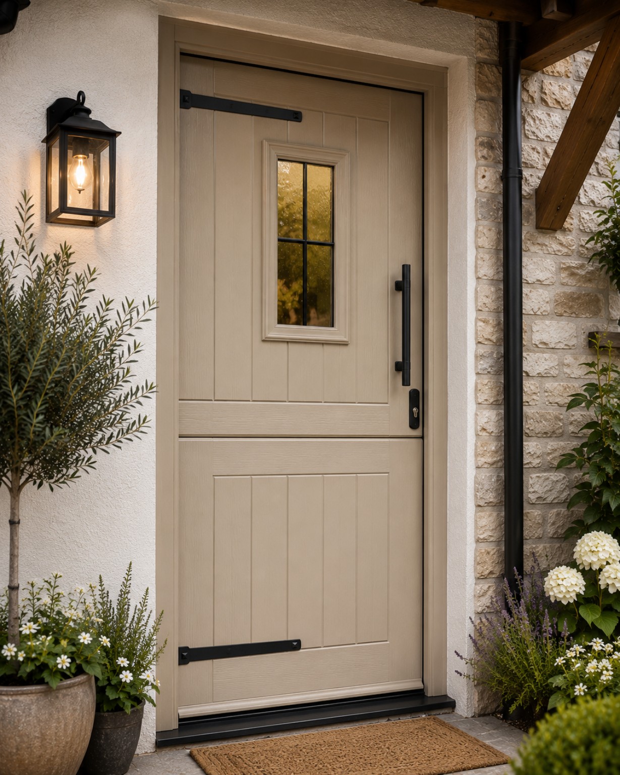 Premium cream composite front door fitted to a stone home
