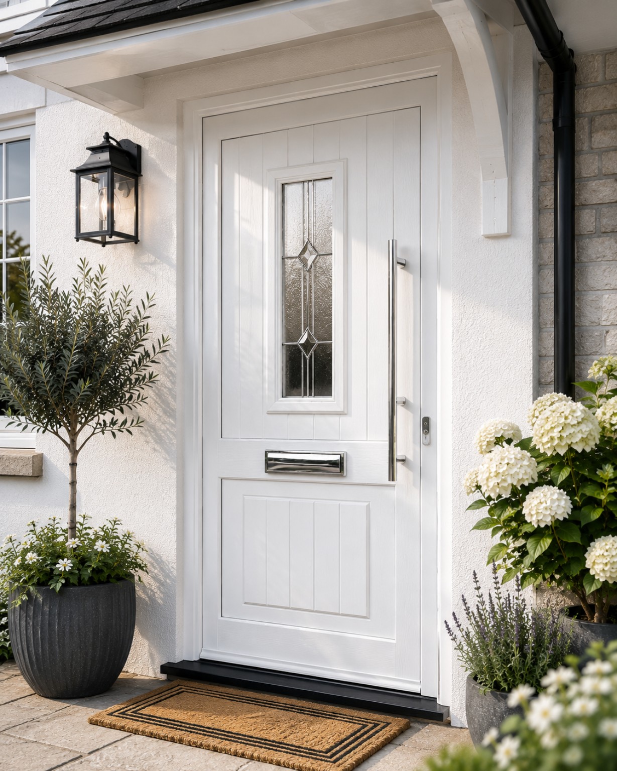 White composite front door with decorative glass