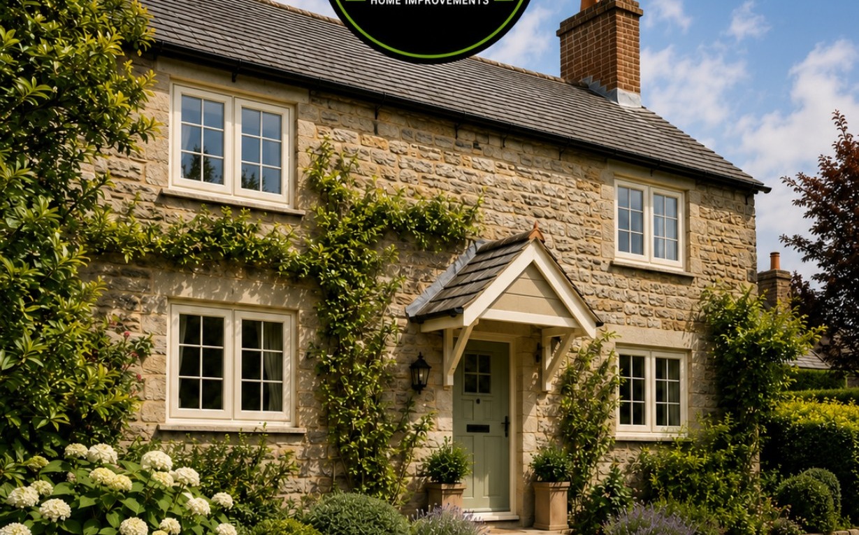 Stone cottage with cream windows
