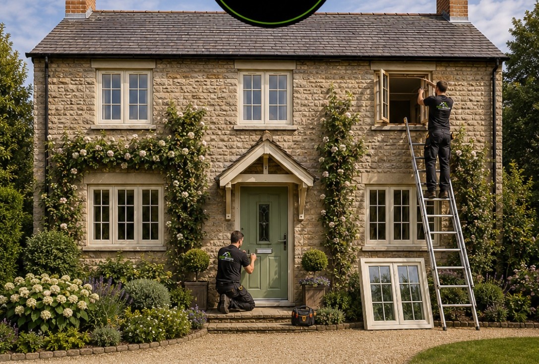 Local installers fitting windows and a front door to a stone house