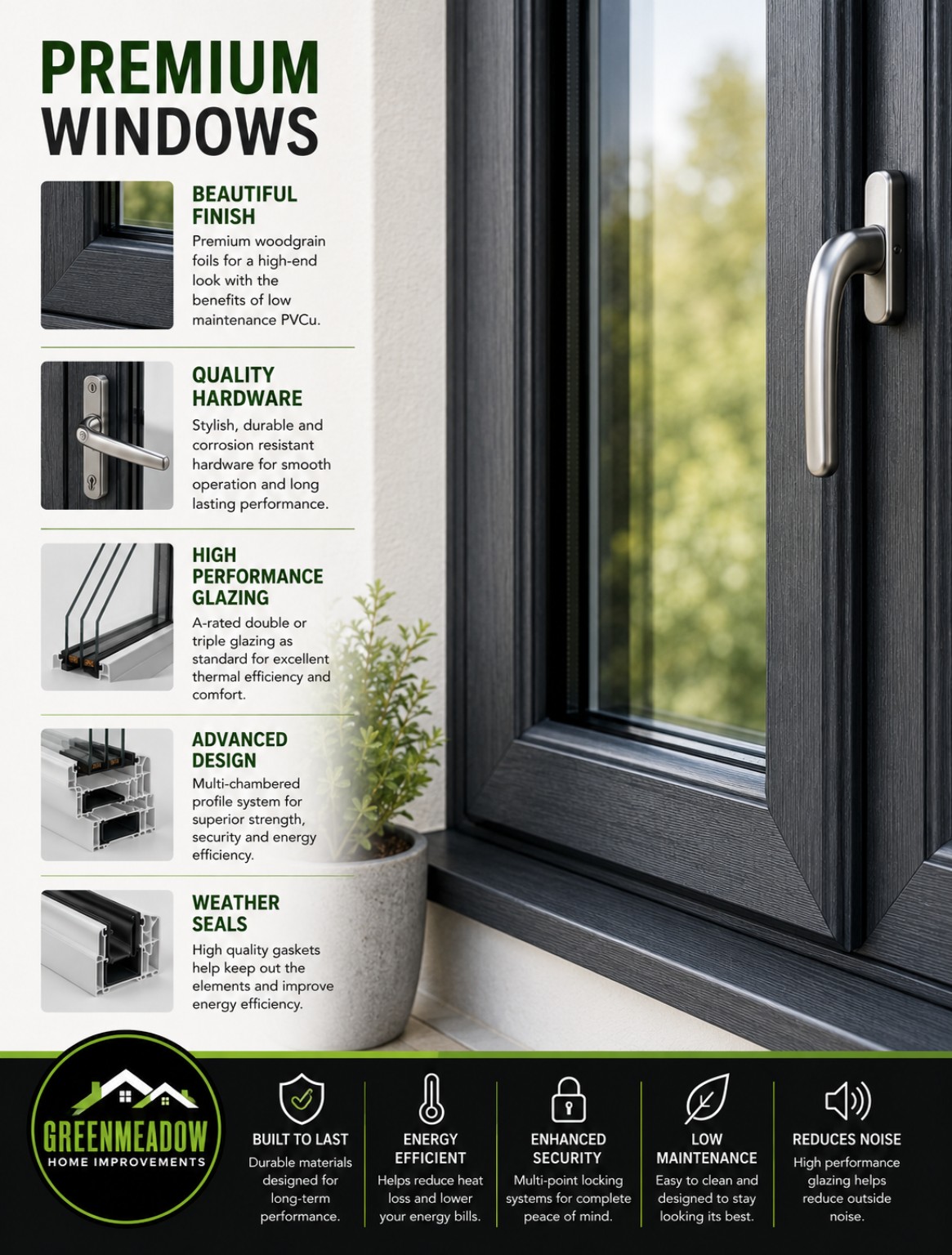 Close-up of a premium dark-framed window and handle